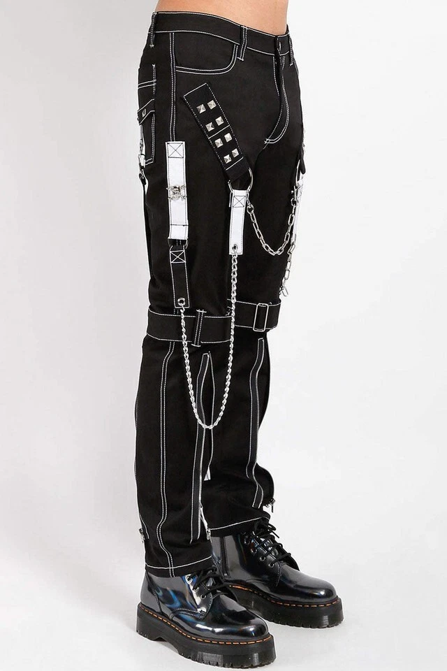 Men Black Tripp Pant Punk Rock Gothic Style Trouser with Red Straps 100% cotton - Image 2 of 4
