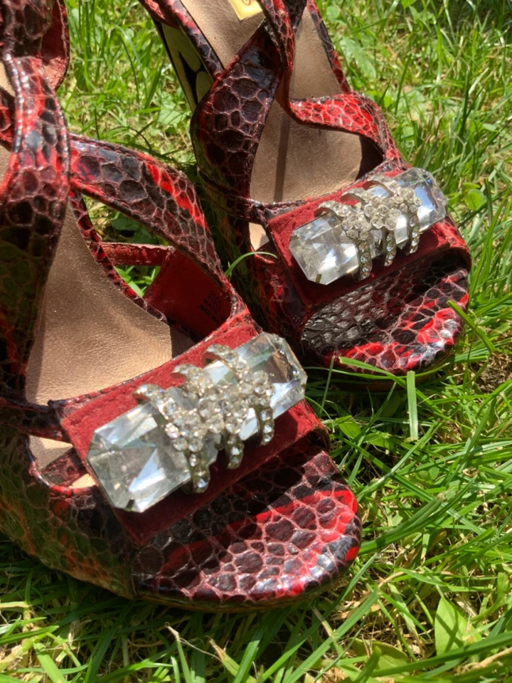 Zapatos Dos Labios Corte Joya Madera Cuña Cristal Tirantes Plataforma Sandalias 7 EE. UU. Foto 4 de 4