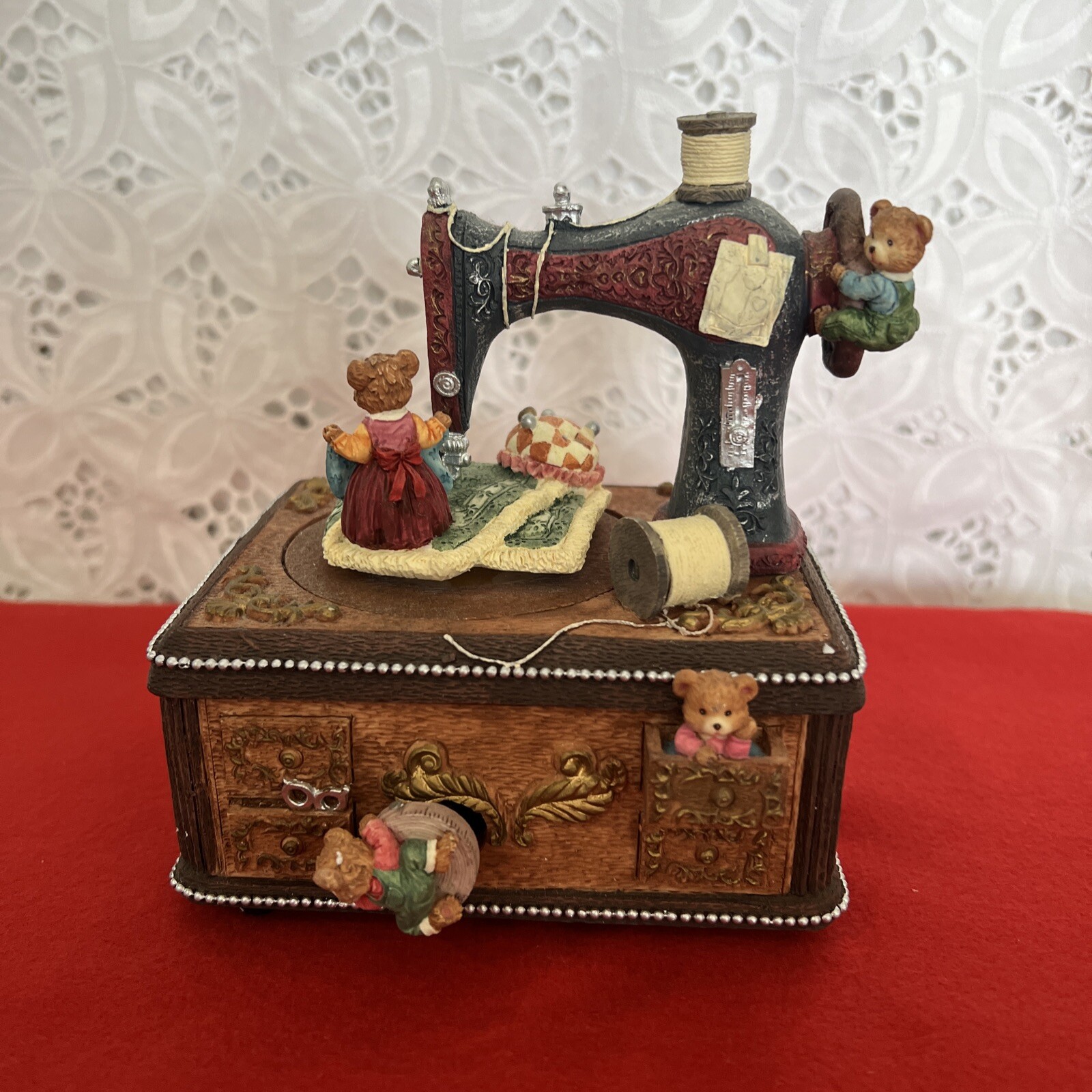 Vtg Resin sewing machine music box w/nice animation Deck The Halls tinietreasure eBay