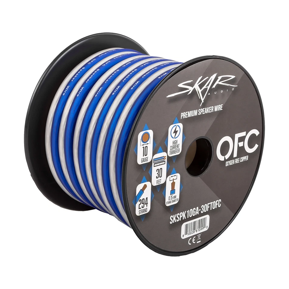 Cable de altavoz de cobre sin oxígeno calibre 10 Skar Audio Elite - 30 pies (azul/blanco) Foto 2 de 4