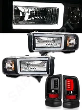 Black Headlights w/ LED C-Bar + C-Bar Taillights for 1994-2001 Dodge Ram Pickup