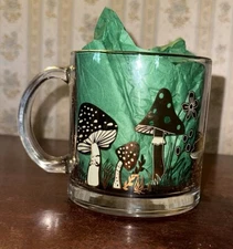 NEW Real GOLD FOIL MUSHROOM Clear Glass Tea/Coffee “TikToc” MUG Cottagecore HTF!
