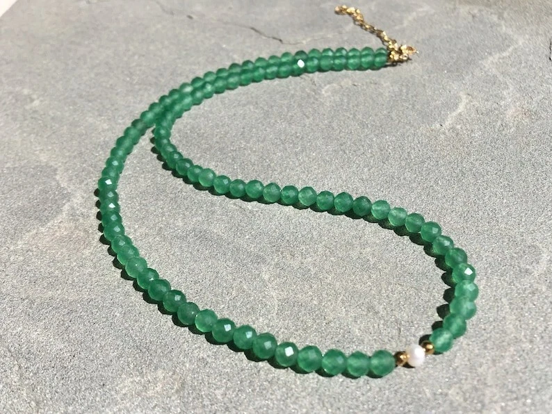 A++ Dainty Green Aventurine & Peral Faceted Round Gemstone Beaded Necklaces 18'' - Image 4 of 4
