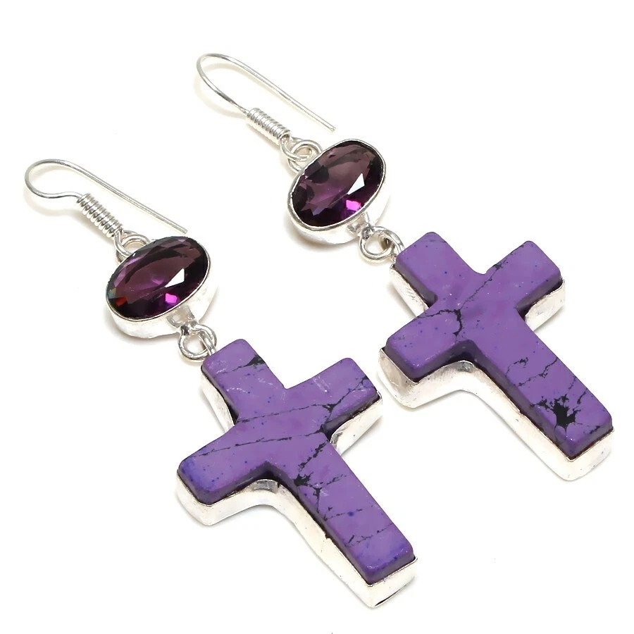 Turquoise & Amethyst Gemstone 925 Sterling Silver Jewelry Earring Sz 2.5" - Image 1 of 1