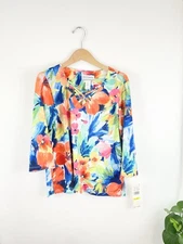 Alfred Dunner MP Multi Color Floral Flower 3/4 Sleeve Blouse Top Medium Petite 