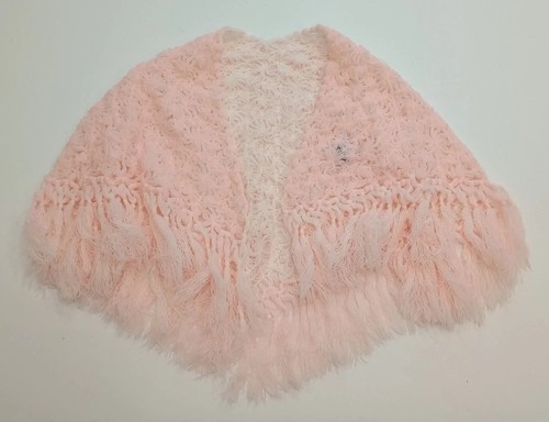 Vtg 50s Crochet Lace Shawl Romantic Pink Cream Triangle Scarf Fringe Reversible - Picture 5 of 21