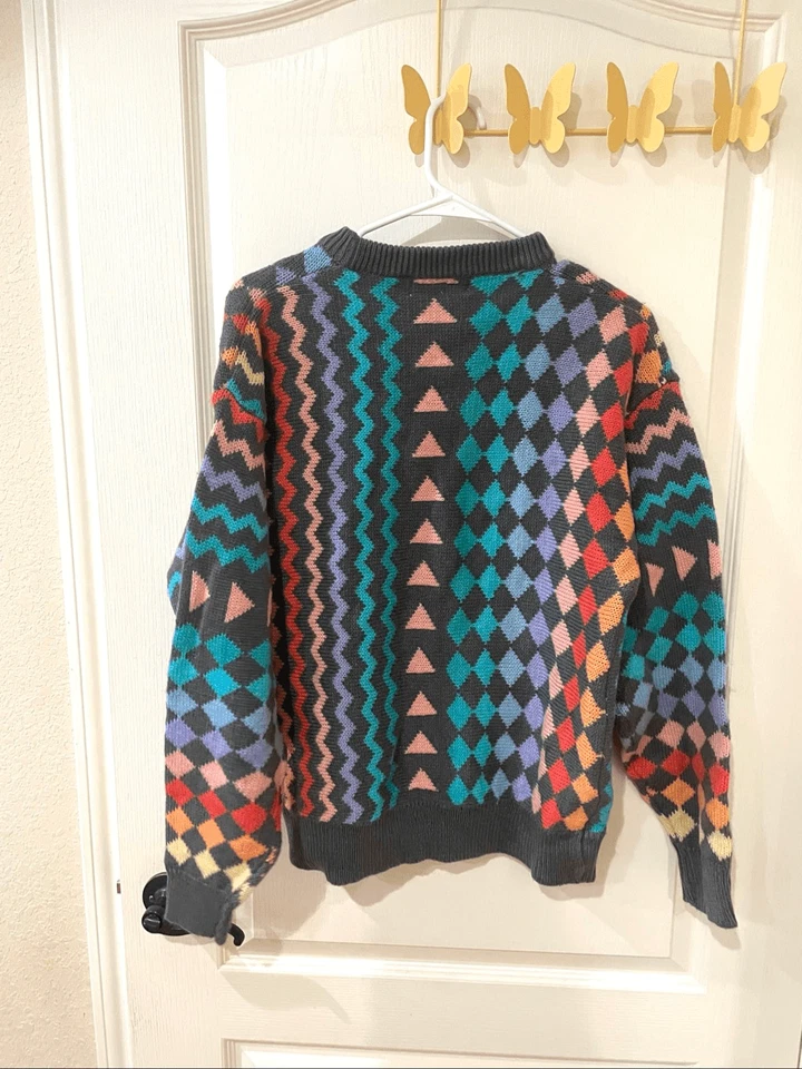 VTG Saturdays Sweater Mens S Gray Teal Purple Pink Red Geometric Knit Crewneck - Image 3 of 3