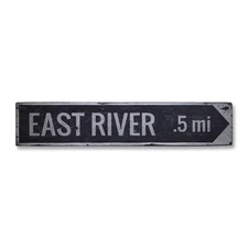 East River Arrow Mileage, Custom Lake - Rustic Distressed Wood Sign