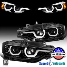 Fits 2012-2015 BMW F30 3-Series Shiny Black LED U-Rings Projector Headlights