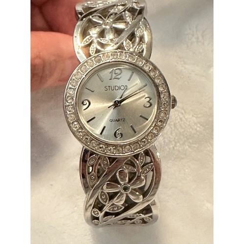 Studio Timepiece Rhinestone Bezel Floral Silver Tone Bangle Cuff Watch - Picture 2 of 8