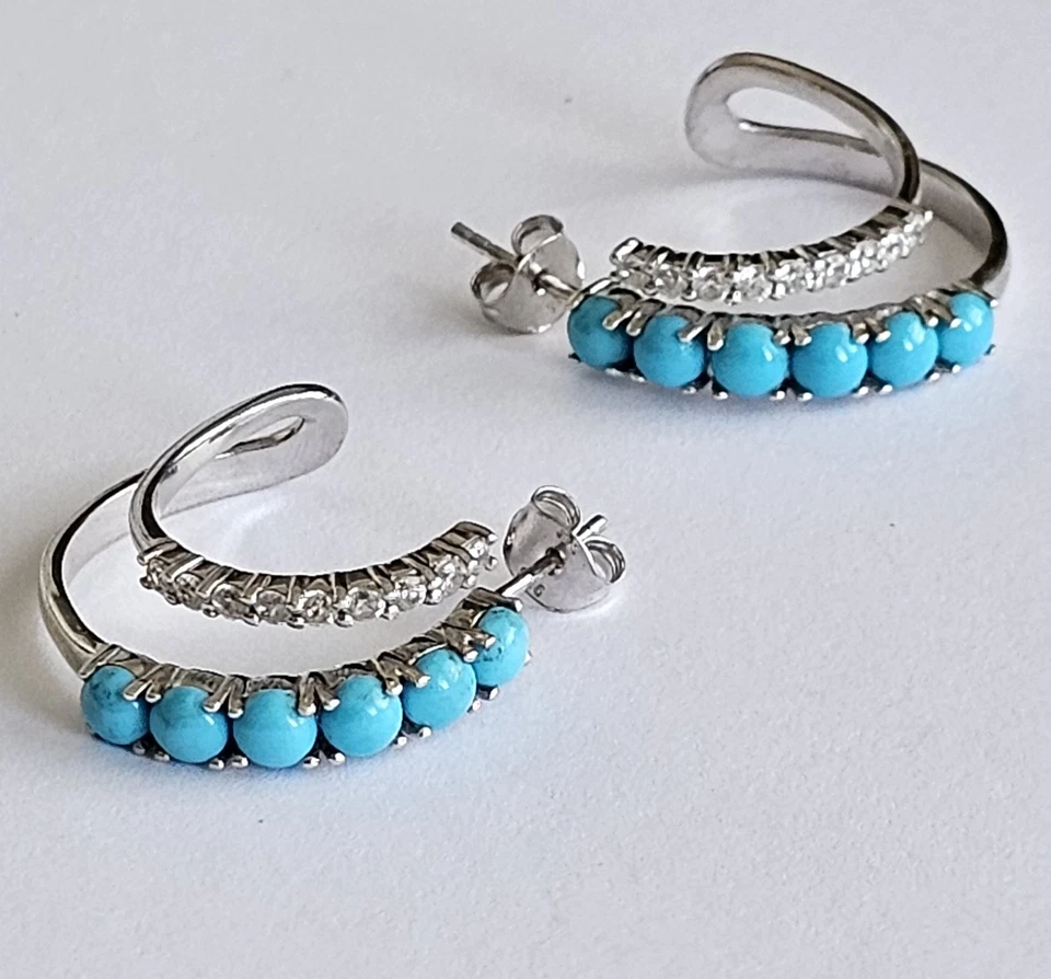 Pendientes tipo aro de plata esterlina circonita cúbica turquesa persa marca diseñadores de moda A/M Foto 4 de 4