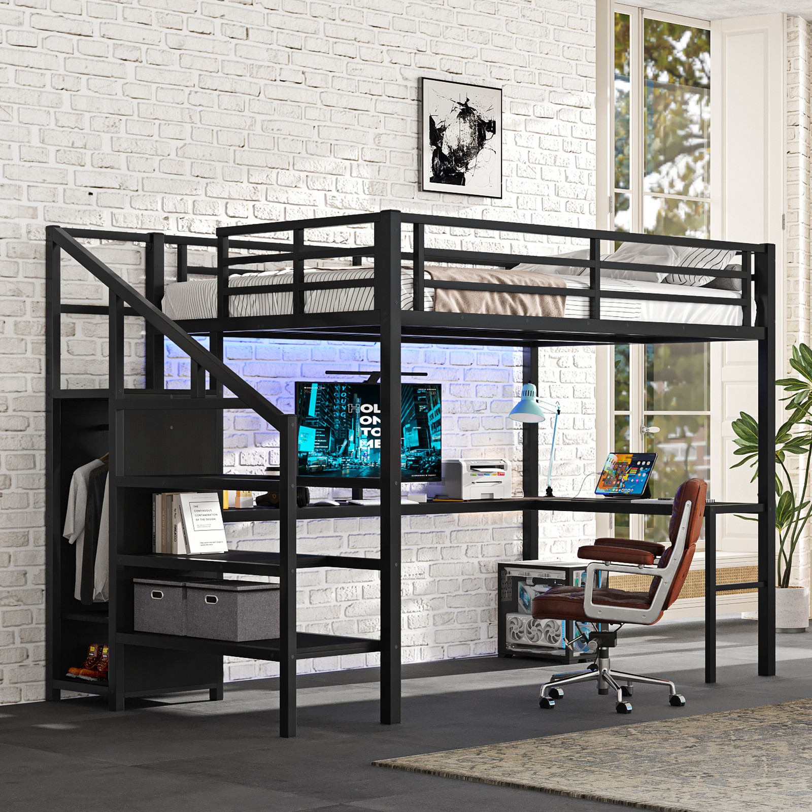 Full Size Loft Bed with L-shaped Desk and USB, Wardrobe and Adjustable Shelf