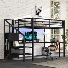 Full Size Loft Bed with L-shaped Desk and USB, Wardrobe and Adjustable Shelf