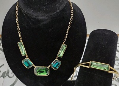 Statement Necklace Touchstone by Swarovski Matching Bracelet Set Green Crystal 