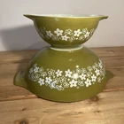 2 VTG Pyrex Crazy Daisy/Spring Blossom Green Nesting Mixing Bowls 444 & 442