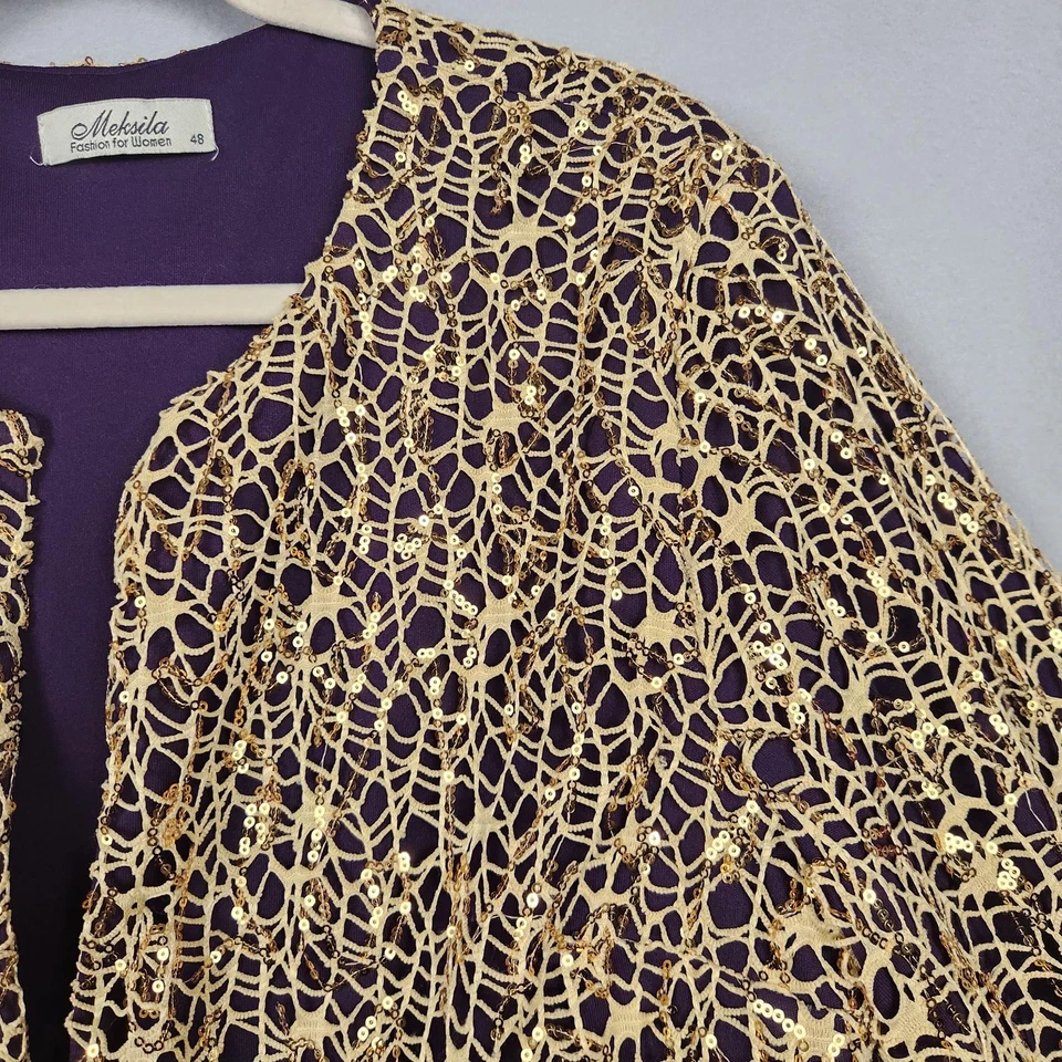 Chaqueta Meksila Mujer 48 Púrpura Dorado Lentejuelas Encaje Manga Larga Recortada Fiesta Top Foto 4 de 4