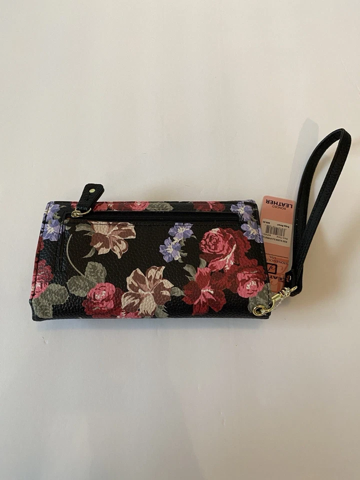 全新带标签 Stone Mountain Rose Bloom 黑色花卉皮革钱包带可拆卸表带 — 第 2/4 张图片