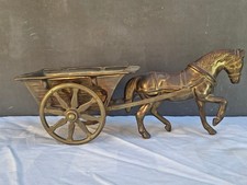 Cheval de trait et Charrette Figurine Statue en Laiton