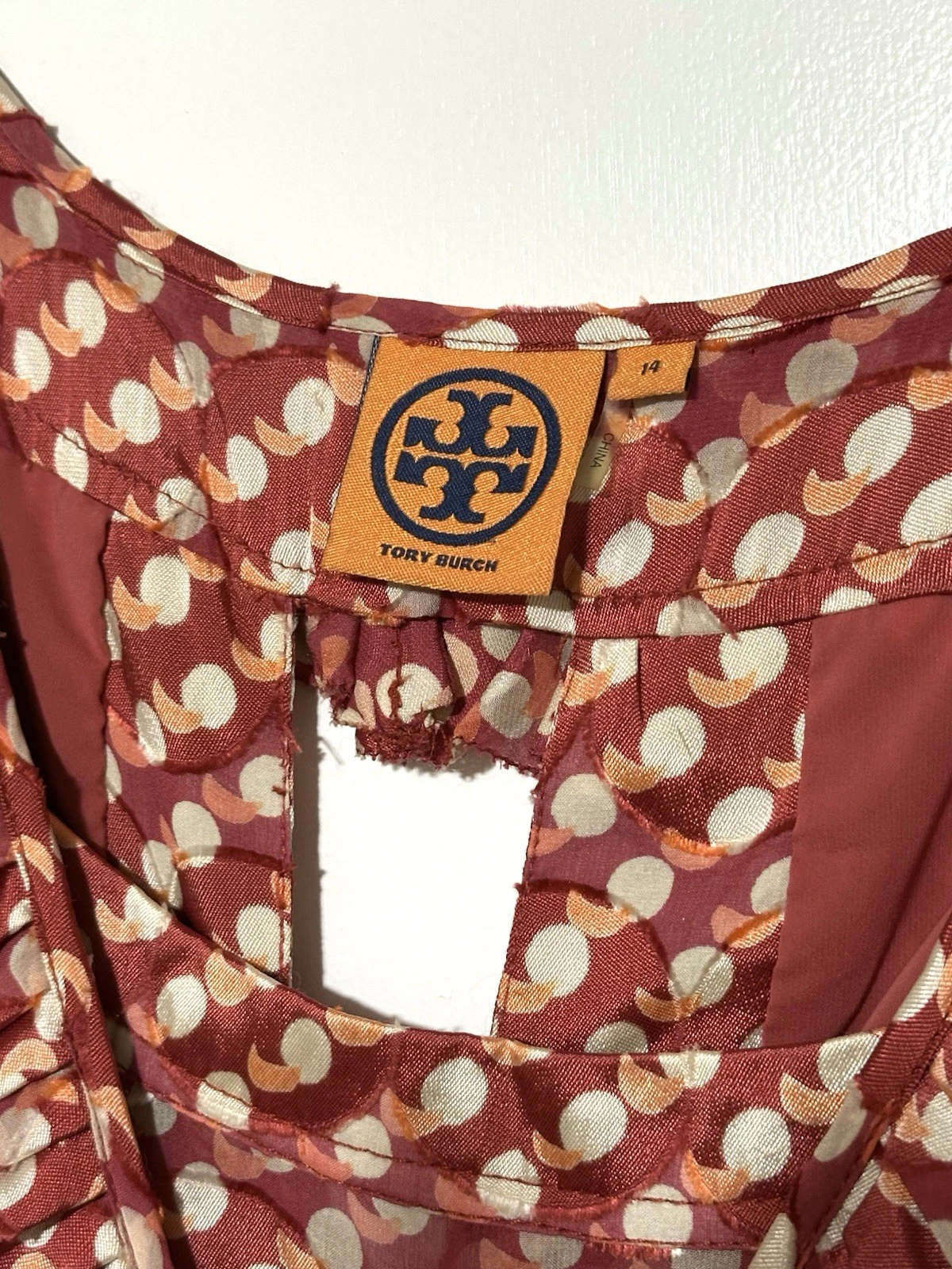 Abito Tory Burch Janetta in seta con volant rosso arancione stampa a pois taglia 14