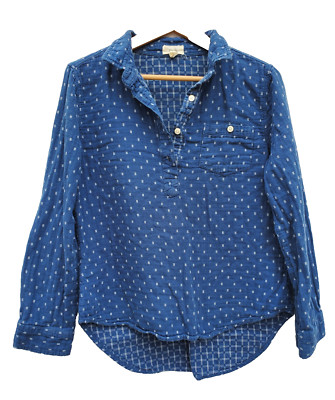 PER SE medium blue white womens long-sleeved buttoned BLOUSE cotton geometric