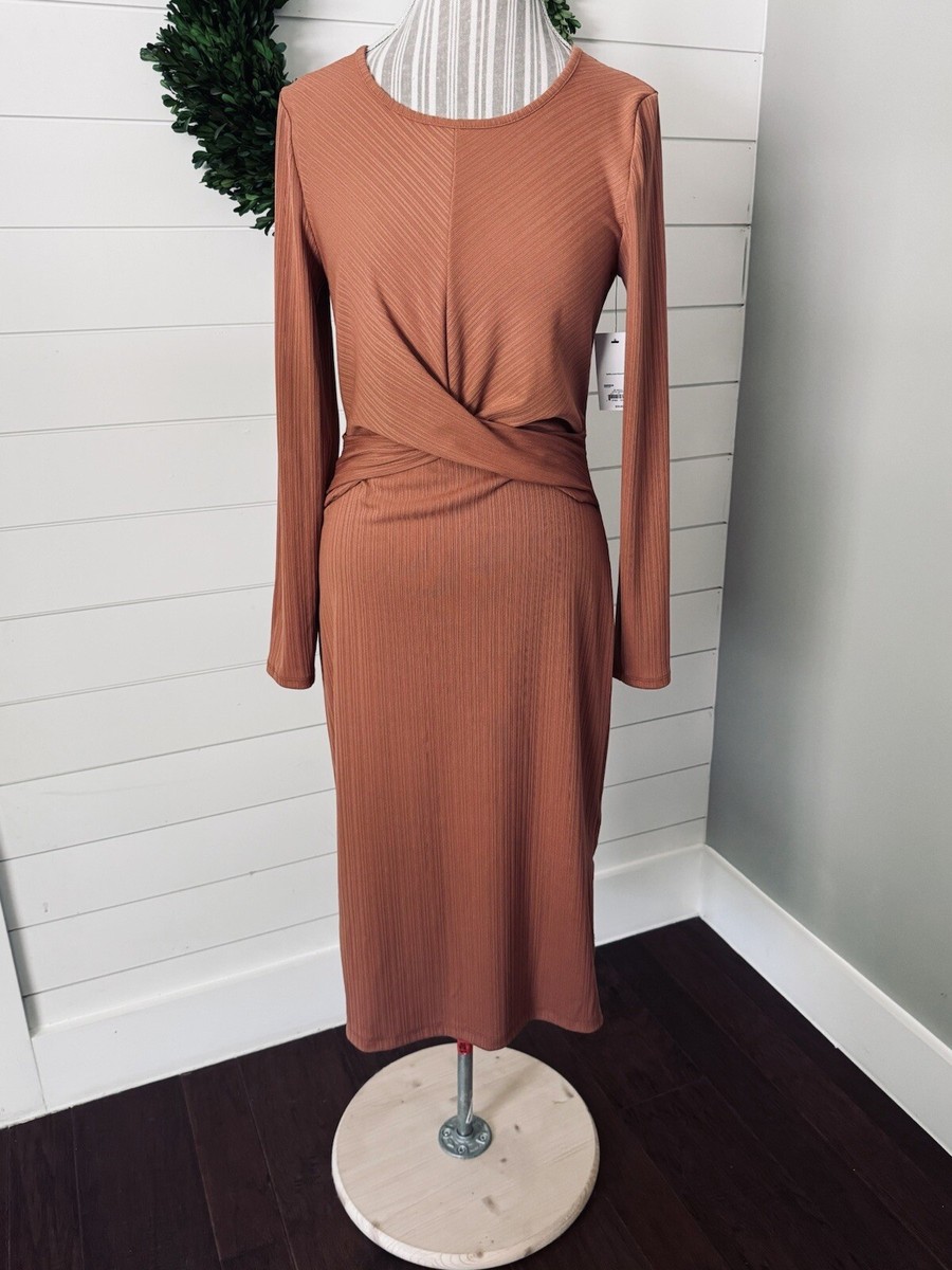 nine west ribbed dress Nine West Women's Long-Sleeved Midi Mocha Ribbed Stretch Slits Dress Sz M  (R1)