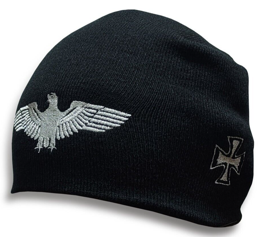 Men's Black Warm Beanie with Eagle and Crosses Embroidery by Arel Germany-image