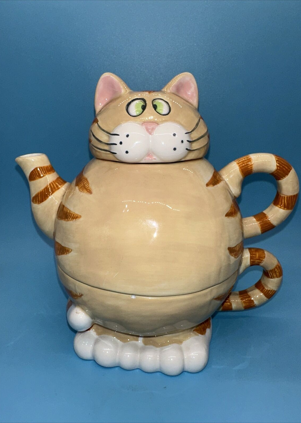 VINTAGE BELLA CASA GANZ ORANGE STRIPED CAT TEAPOT FOR ONE