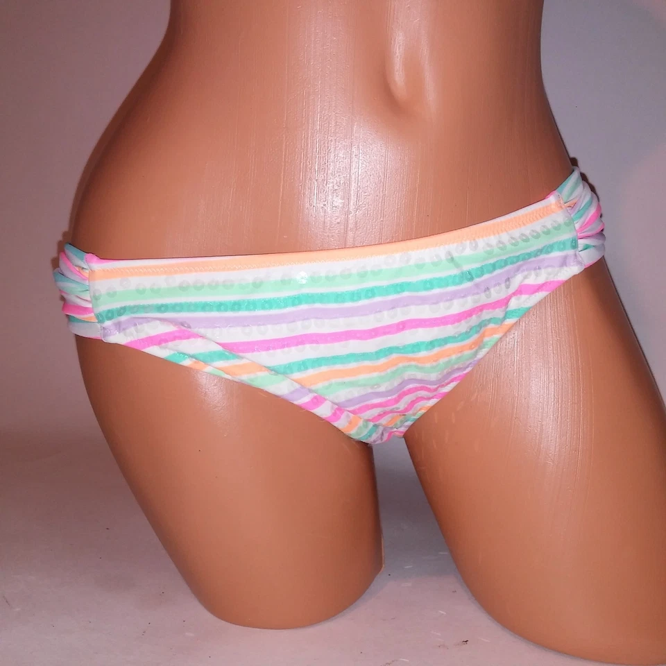 Parte inferior de bikini de natación Victoria Secret grande blanca a rayas arco iris lentejuelas bling Foto 2 de 4
