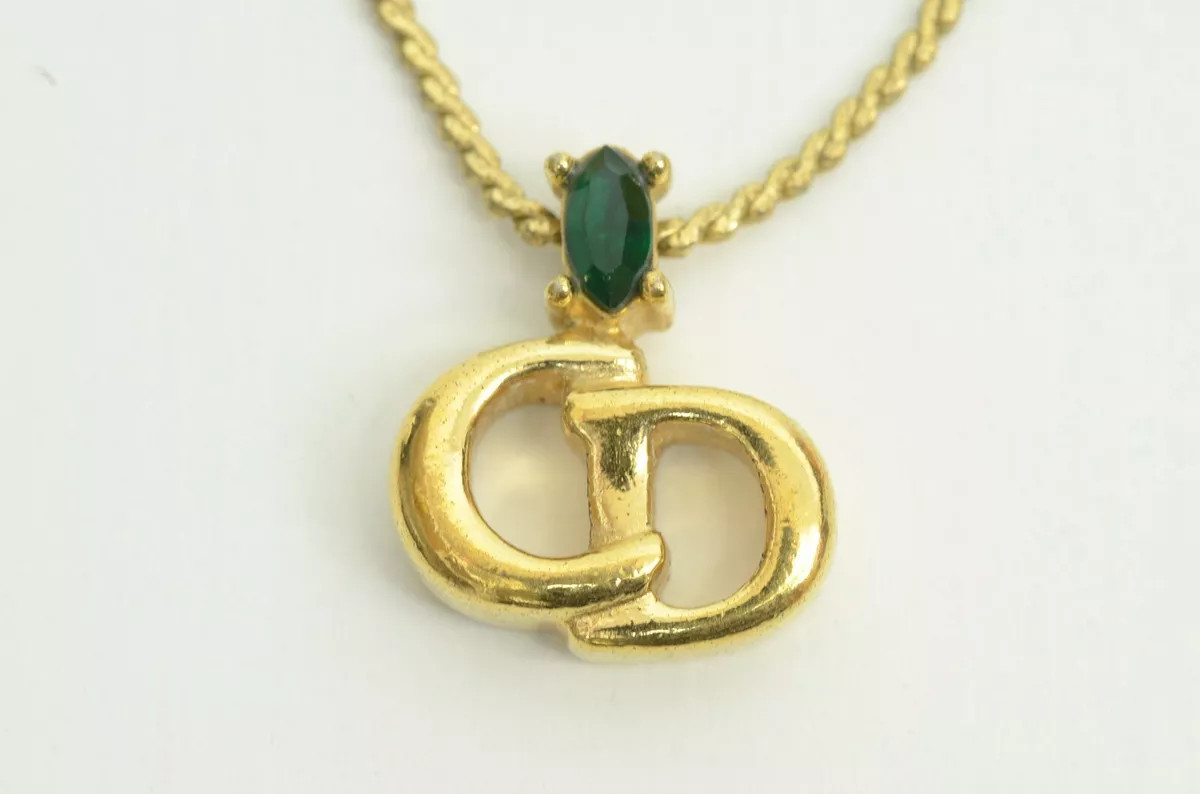 Authentic Christian Dior Necklace CD Logo Signature GP Emerald