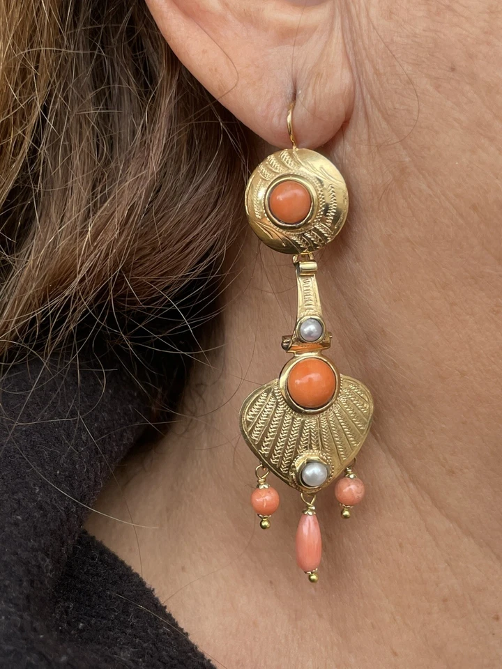 Orecchini Art déco in argento Corallo Sciacca e perle naturali - Immagine 4 di 4