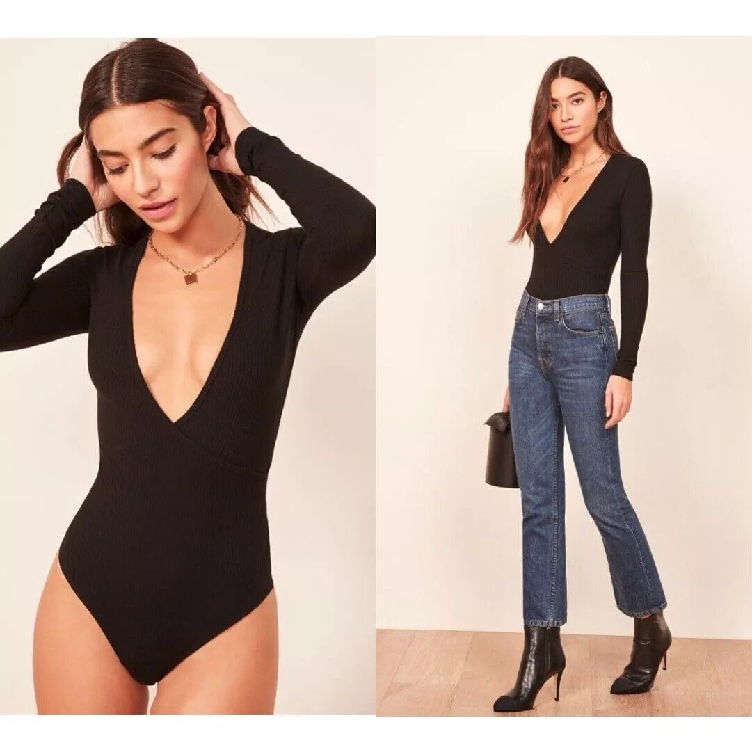 Reformation Black Becky Ribbed Plunge V Neck Long Sleeve Bodysuit