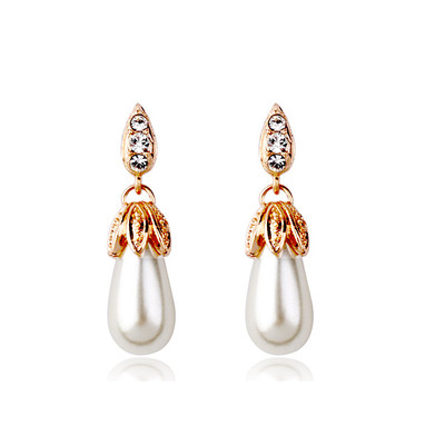 18K ROSE GOLD PLATED CLEAR GENUINE AUSTRIAN CRYSTAL & PEARL DANGLE EARRINGS