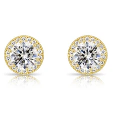 10K Real Solid Gold Round Halo CZ Stud Earrings Butterfly Pushback Sleeper Studs