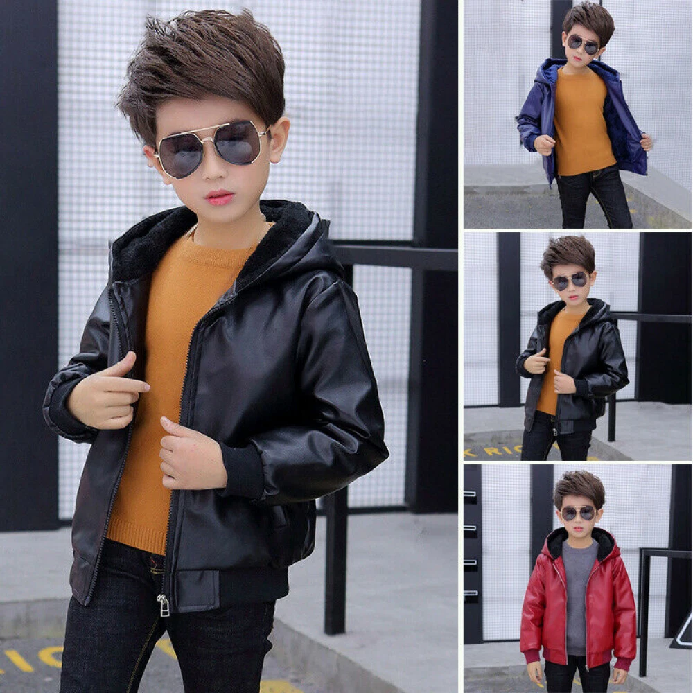 Boys leather jacket with clearance hood