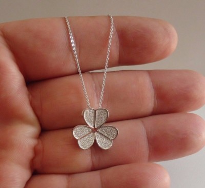 MICRO PAVE CLOVER NECKLACE PENDANT LAB SIMULATED DIAMONDS 925 STERLING SILVER 