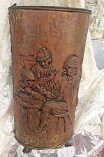 Antique Umbrella Stand Brass Embossed Relief Colonial Scene