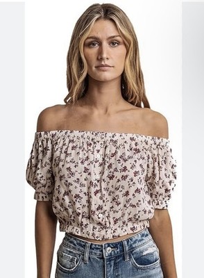 VERO MODA Floral Button-Front Crop Top - Size L - Boho Off-The-Shoulder