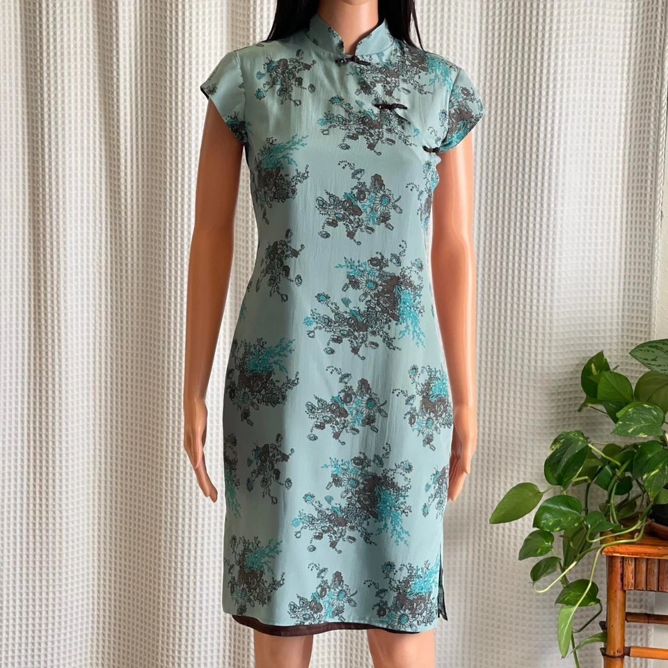 Vintage 90s Tessuto Floral Print Cheongsam Qipao Dress Blue Brown Silk Size 2 - Image 2 of 4