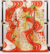 Japanese Vintage Pure Silk Kimono Uchikake Gorgeous robe Red Peacock u9