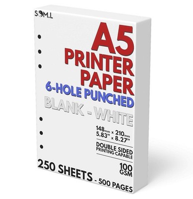 A5 Blank Paper 6-Hole Punched, 250 Sheets (500 Pages), 100 GSM, Printer Paper...