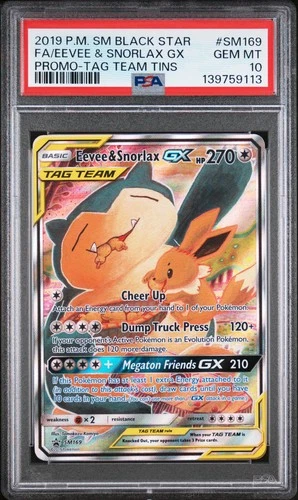 2019 POKEMON SM BLACK STAR PROMO #SM169 FULL ART/EEVEE & SNORLAX GX PSA 10