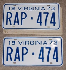 VINTAGE MATCHED PAIR 1973 VIRGINIA LICENSE PLATES-RAP474-NOS- MINT- RAP!