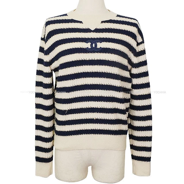 Chanel — 2021 Cruise Collection CHANEL Knit Border COCO Mark Sequin Ecru/Navy Cashmer...