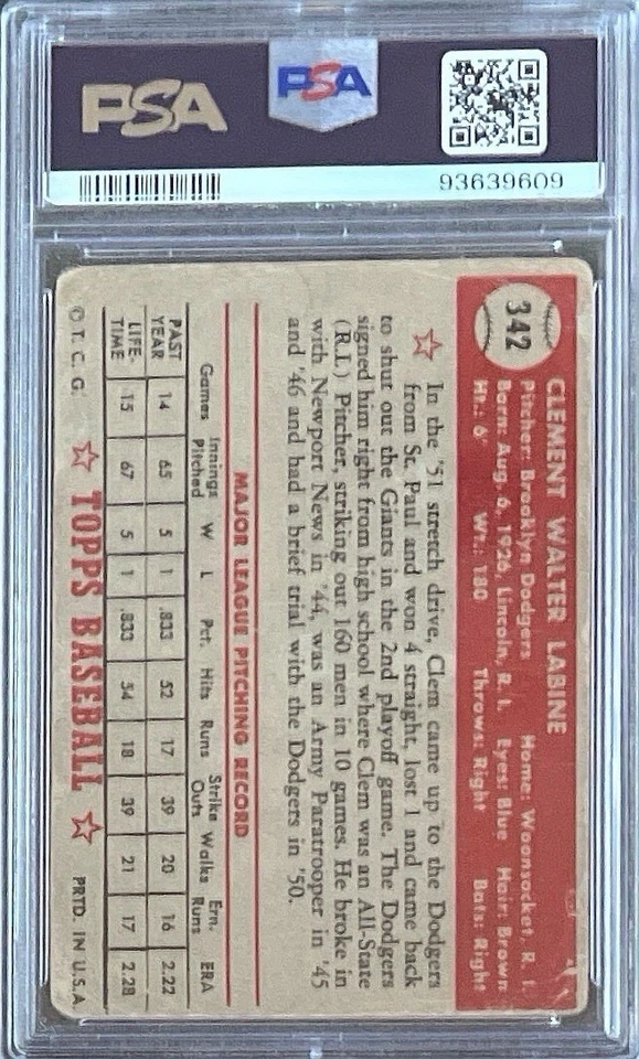 1952 Topps - #342 Clem Labine - PSA 1 - Image 2 of 2