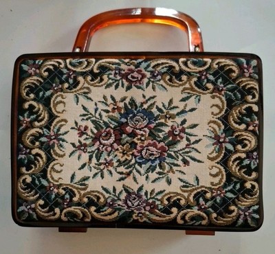 RARE Walborg Petit Point Tapestry Lucite Box Bag Purse Vintage EXCELLENT 