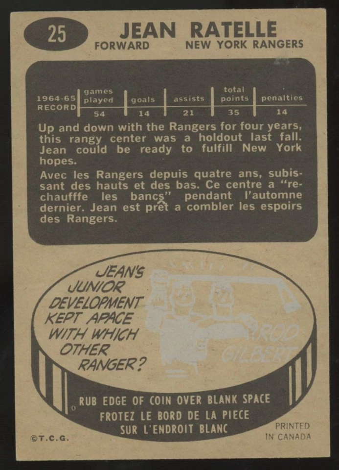 1965-66 Topps Jean Ratelle #25 EX - Image 2 of 2