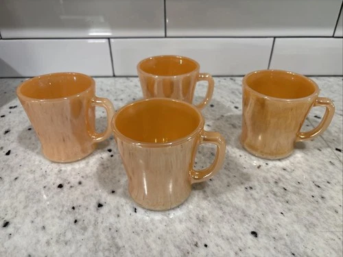 Vtg Fire King  Peach Luster Iridescent Coffee Mugs D Handle Set 4 Anchor Hocking