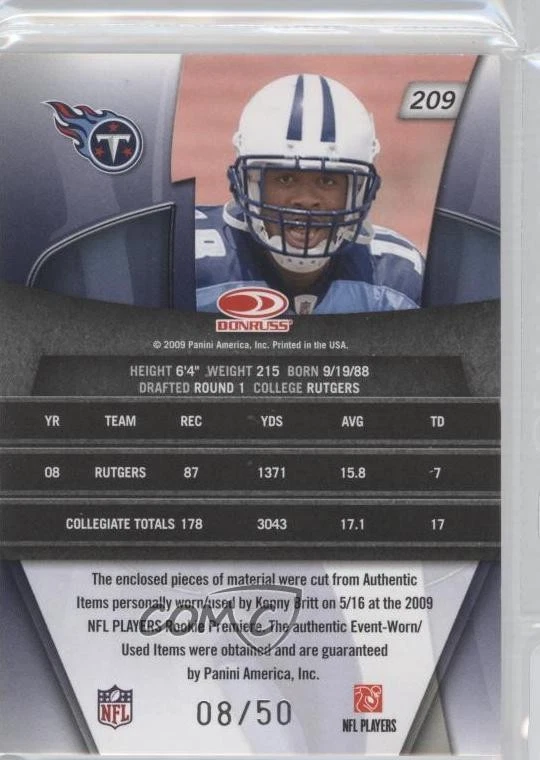 2009 Donruss Gridiron Gear Gems Trios Prime /50 Kenny Britt #209 Rookie RC - Image 2 of 2