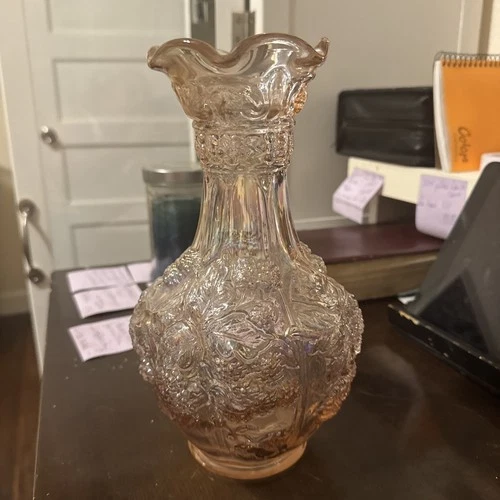 Vintage Imperial Iridescent Carnival Pink Raised Relief Logan Berry Vase Excell