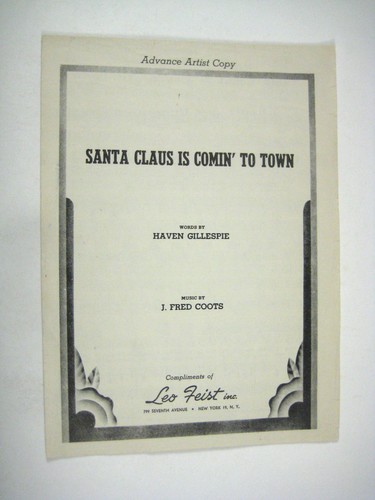 Advanced Artist Copy Santa Claus is Comin Town Sheet Music Coots Gillespie 1934 